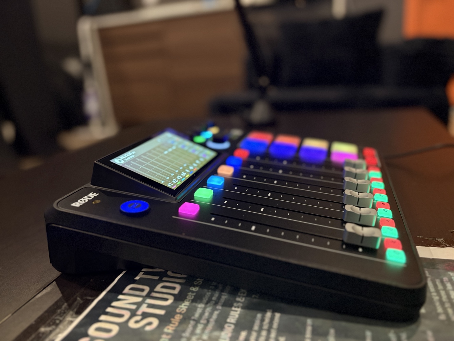 Rode podcast production console with illuminated controls inside Sound Twist Studios
